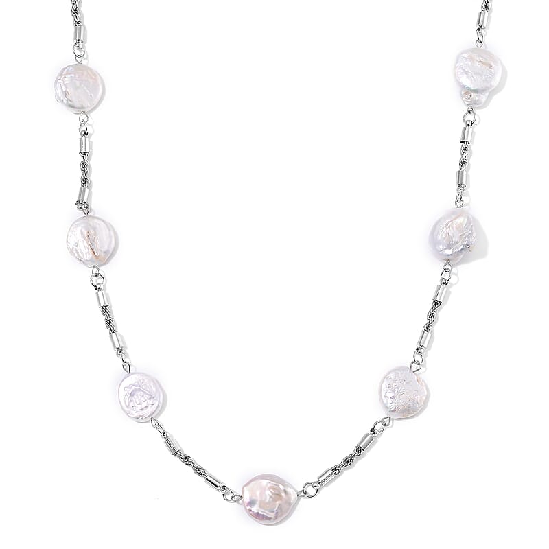 White Keshi Pearl Paper Clip Necklace in Stainless Steel 18-20 Inches