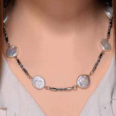 White Keshi Pearl Paper Clip Necklace in Stainless Steel 18-20 Inches