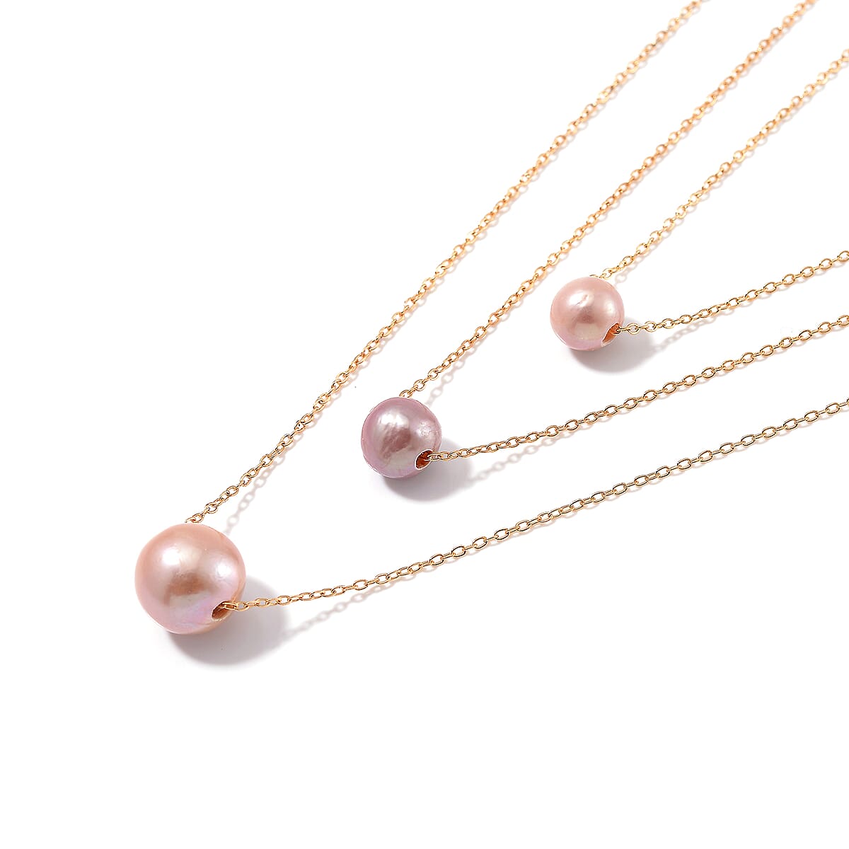 Multi Color Edison Pearl 3-Row Layered Necklace in ION Plated YG Stainless Steel 18-20 Inches image number 2