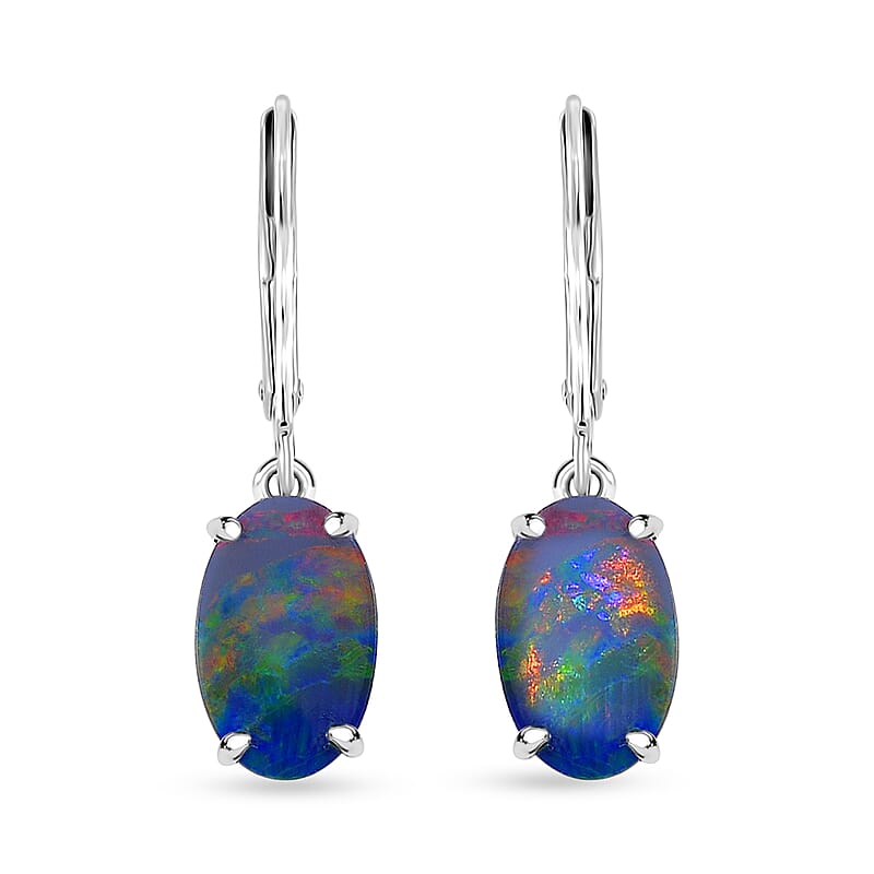 AAA Boulder Opal Doublet 3.60 ctw Lever Back Earrings in Rhodium Over Sterling Silver