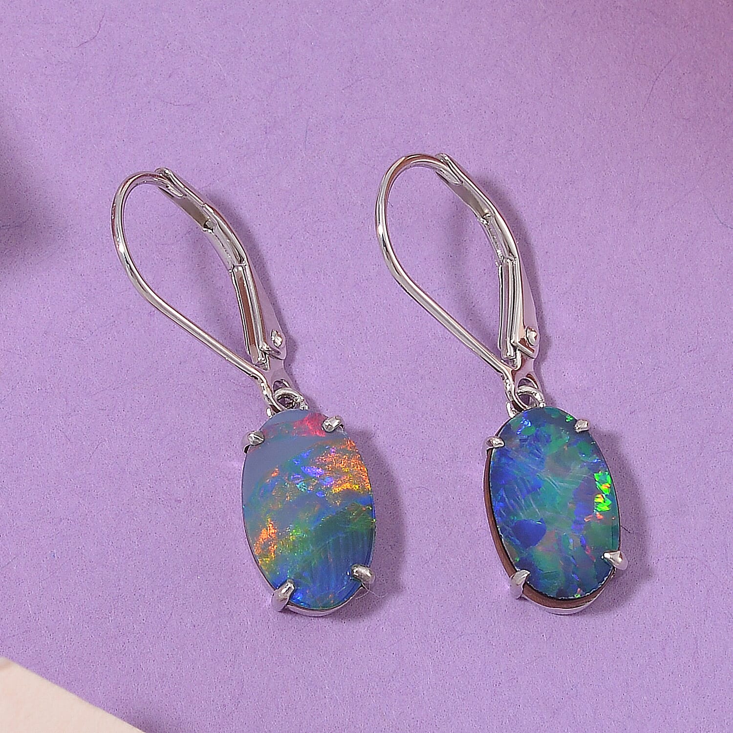 AAA Boulder Opal Doublet 3.60 ctw Lever Back Earrings in Rhodium Over Sterling Silver