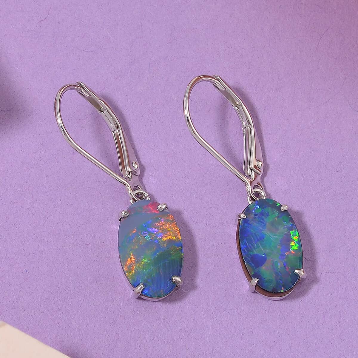 AAA Boulder Opal Doublet 3.60 ctw Lever Back Earrings in Rhodium Over Sterling Silver image number 1