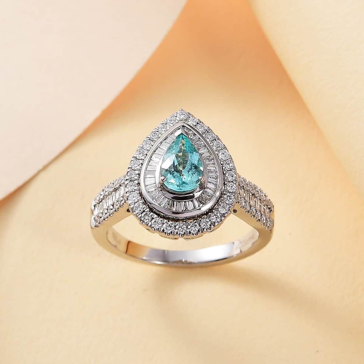 Certified & Appraised Rhapsody AAAA Paraiba Tourmaline and E-F VS Diamond 2.00 ctw Ring in 950 Platinum (Size 10.0) 9.40 Grams image number 1