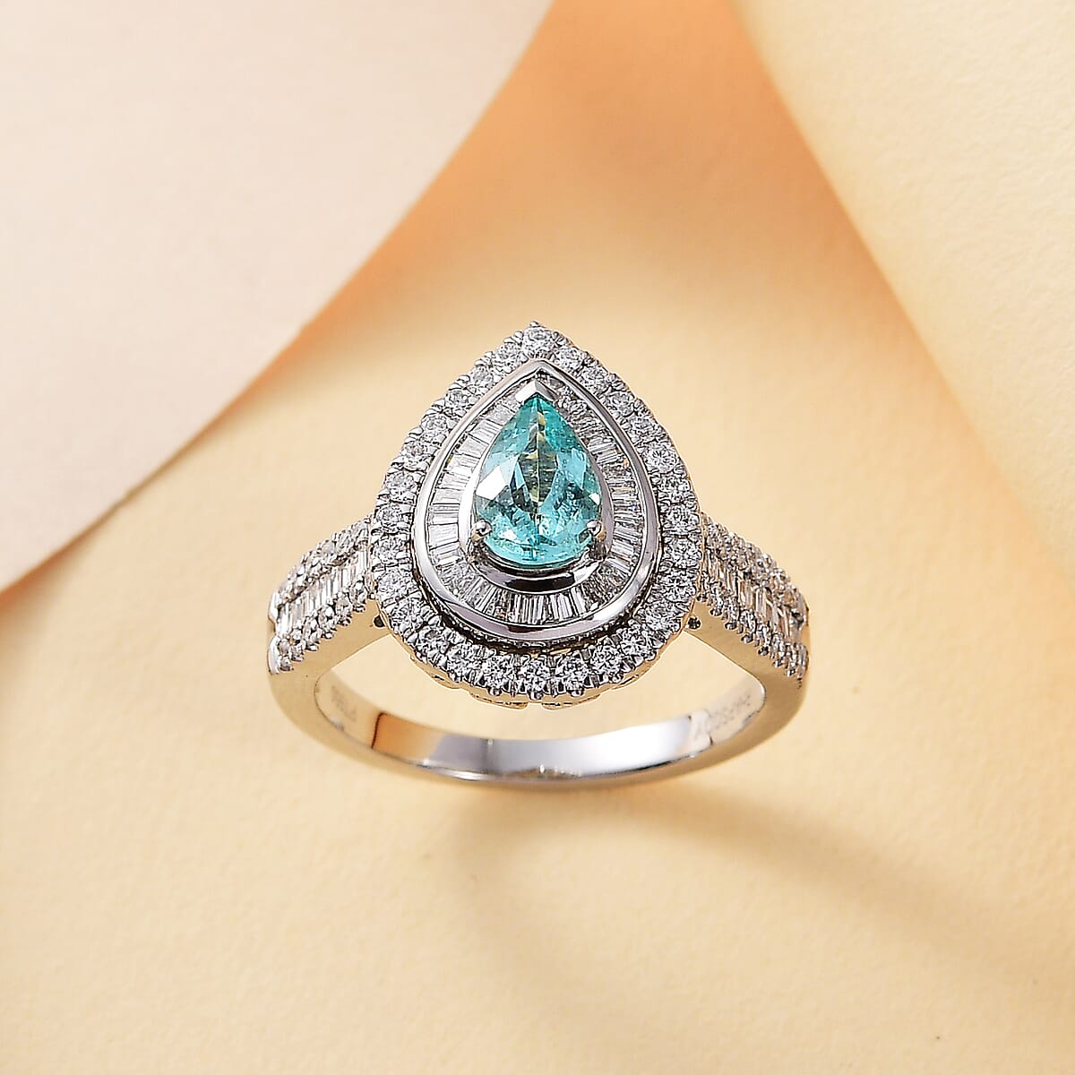 Certified & Appraised Rhapsody AAAA Paraiba Tourmaline and E-F VS Diamond 2.00 ctw Ring in 950 Platinum (Size 9.0) 9.40 Grams image number 1