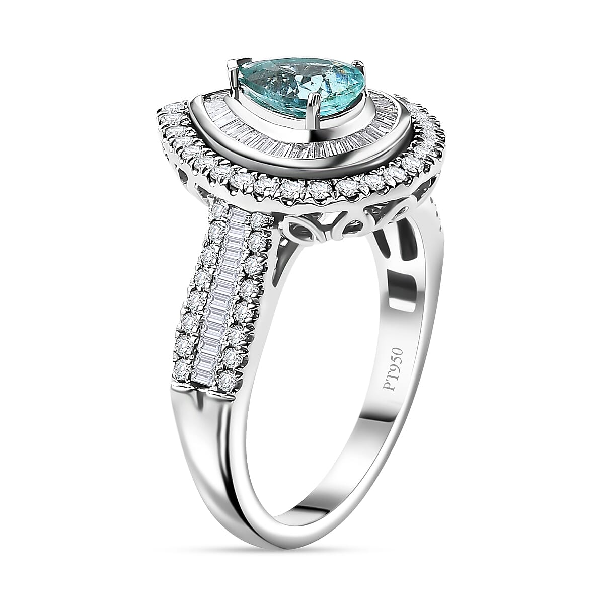 Certified & Appraised Rhapsody AAAA Paraiba Tourmaline and E-F VS Diamond 2.00 ctw Ring in 950 Platinum (Size 9.0) 9.40 Grams image number 3