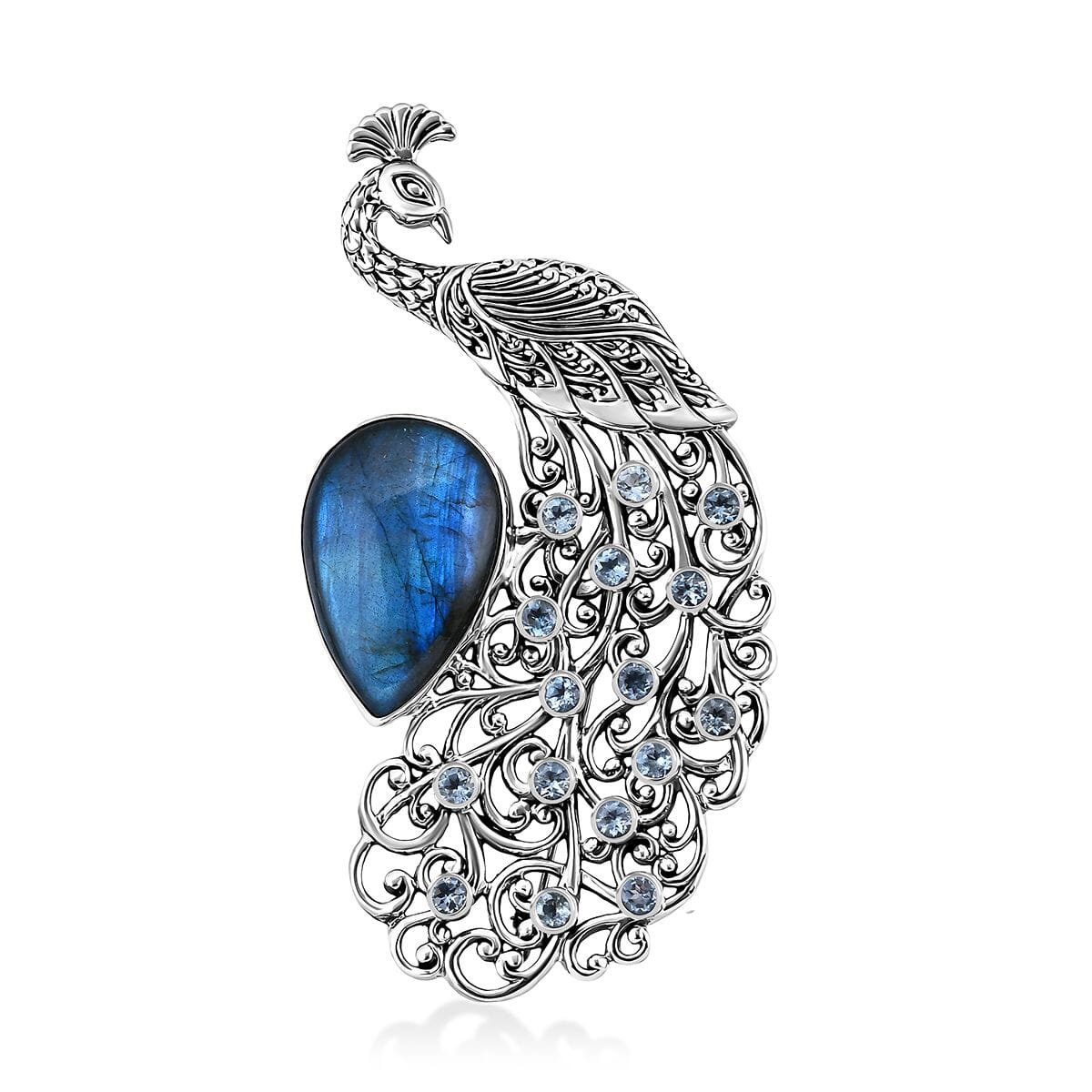 Bali Legacy AAA Malagasy Labradorite and Sky Blue Topaz 46.20 ctw Peacock Brooch in Sterling Silver image number 0