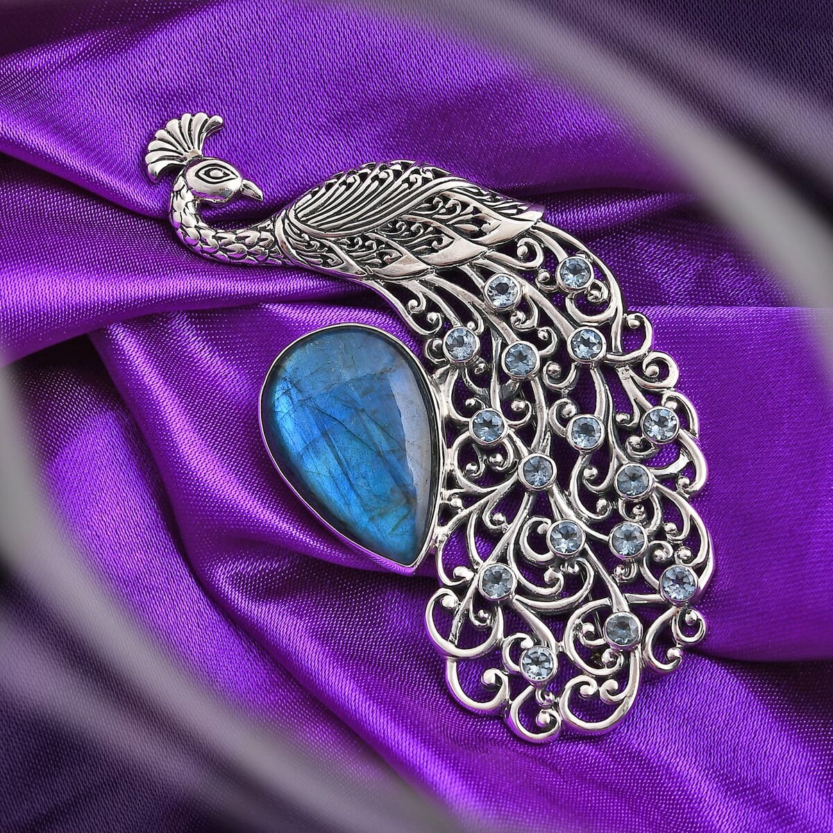 Bali Legacy AAA Malagasy Labradorite and Sky Blue Topaz 46.20 ctw Peacock Brooch in Sterling Silver image number 1