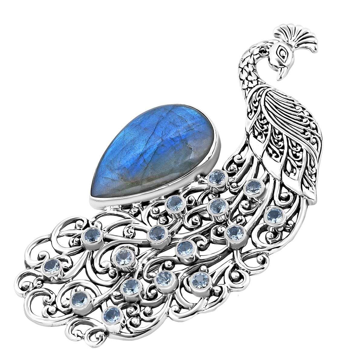 Bali Legacy AAA Malagasy Labradorite and Sky Blue Topaz 46.20 ctw Peacock Brooch in Sterling Silver image number 2