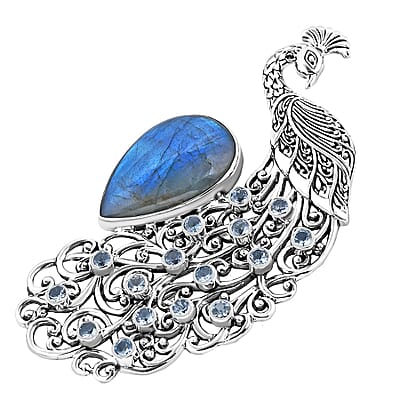 Bali Legacy AAA Malagasy Labradorite and Sky Blue Topaz 46.20 ctw Peacock Brooch in Sterling Silver