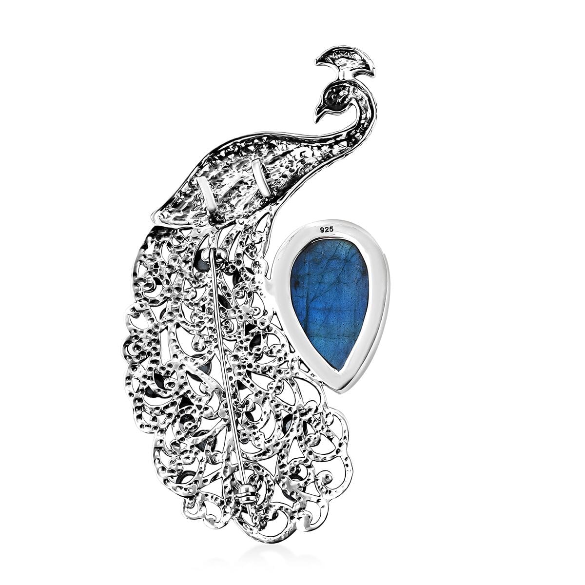 Bali Legacy AAA Malagasy Labradorite and Sky Blue Topaz 46.20 ctw Peacock Brooch in Sterling Silver image number 3