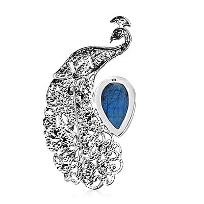 Bali Legacy AAA Malagasy Labradorite and Sky Blue Topaz 46.20 ctw Peacock Brooch in Sterling Silver
