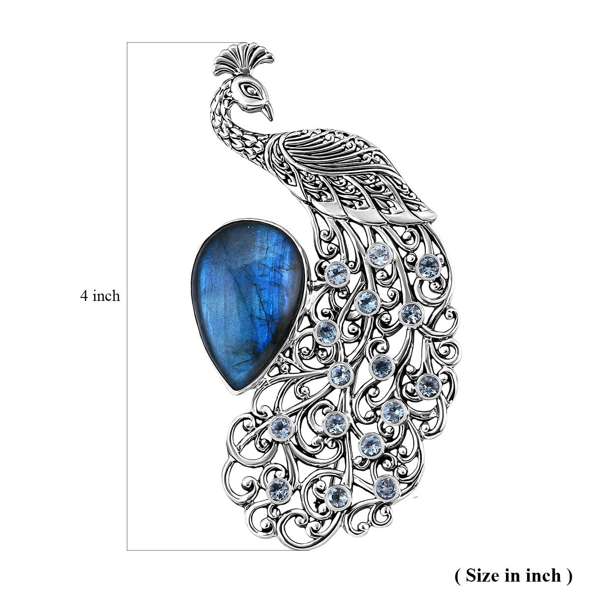 Bali Legacy AAA Malagasy Labradorite and Sky Blue Topaz 46.20 ctw Peacock Brooch in Sterling Silver image number 4