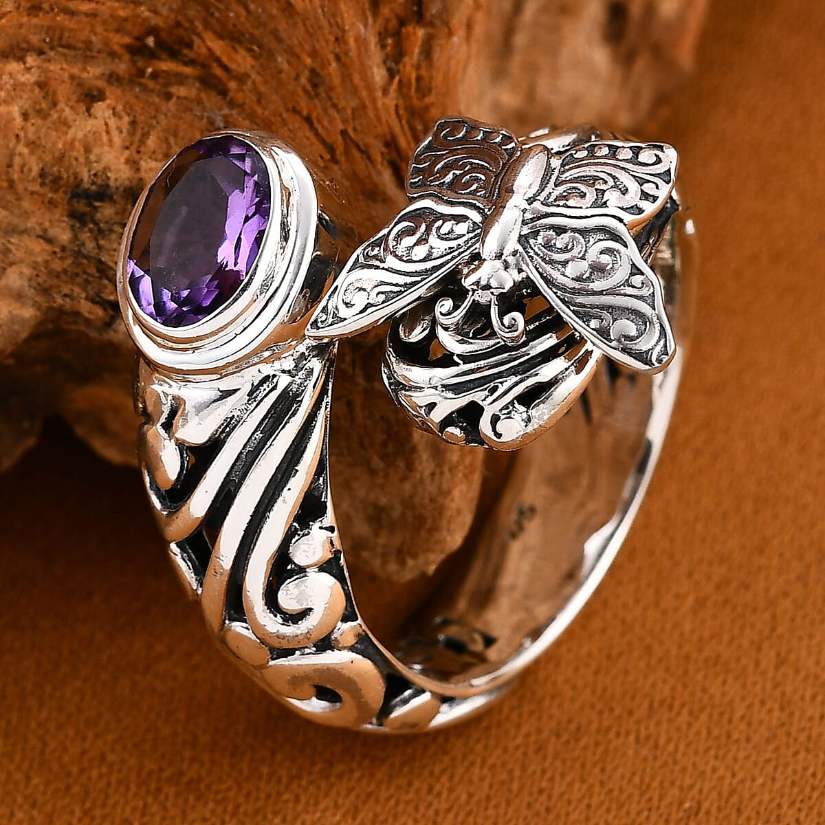 Bali Legacy African Amethyst 1.15 ctw Butterfly Ring in Sterling Silver (Size 5.0) image number 1