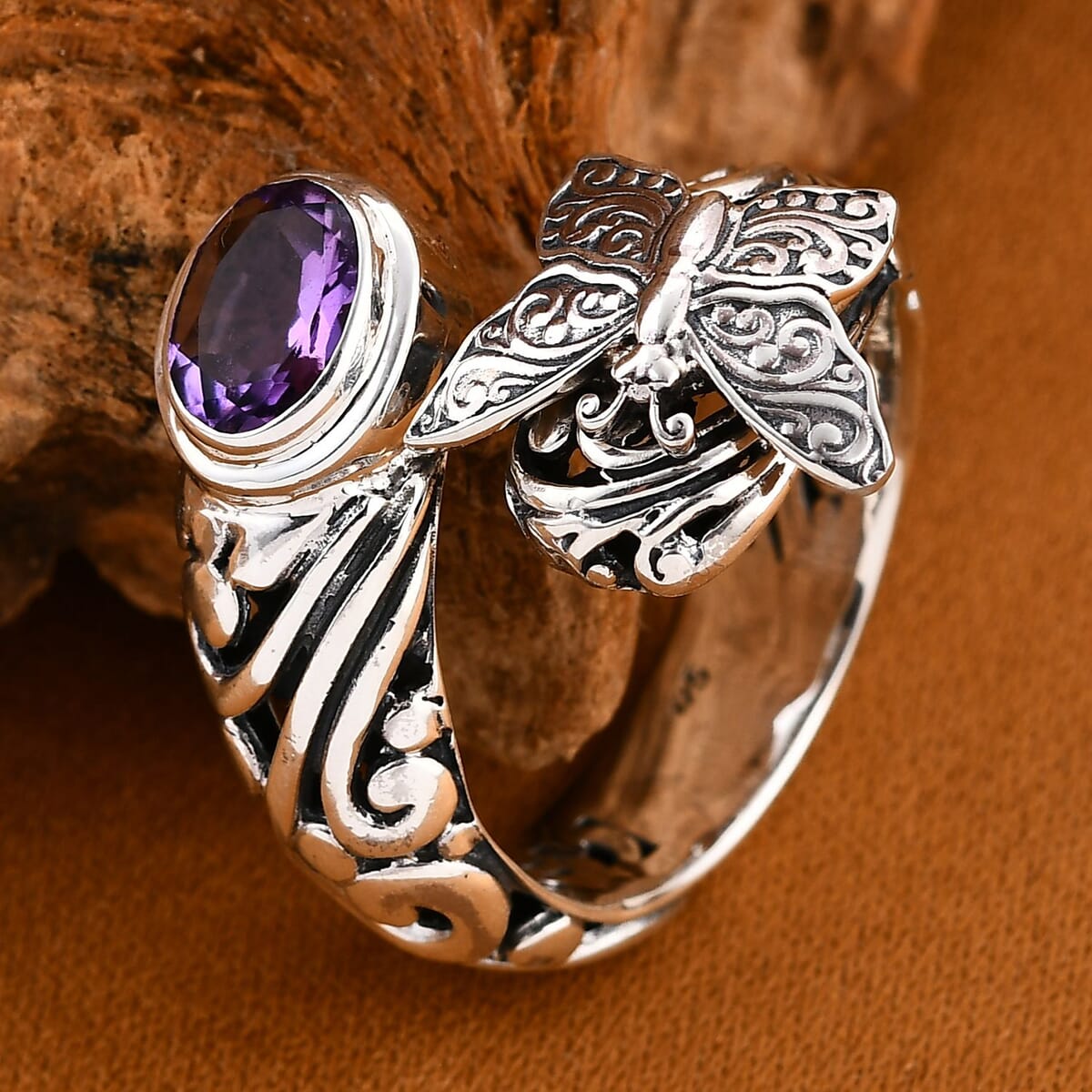 Bali Legacy African Amethyst 1.15 ctw Butterfly Ring in Sterling Silver (Size 9.0) image number 1