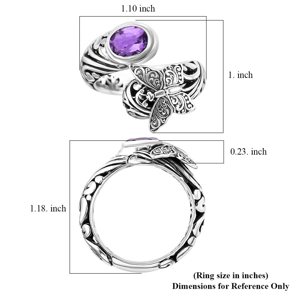 Bali Legacy African Amethyst 1.15 ctw Butterfly Ring in Sterling Silver (Size 9.0) image number 5