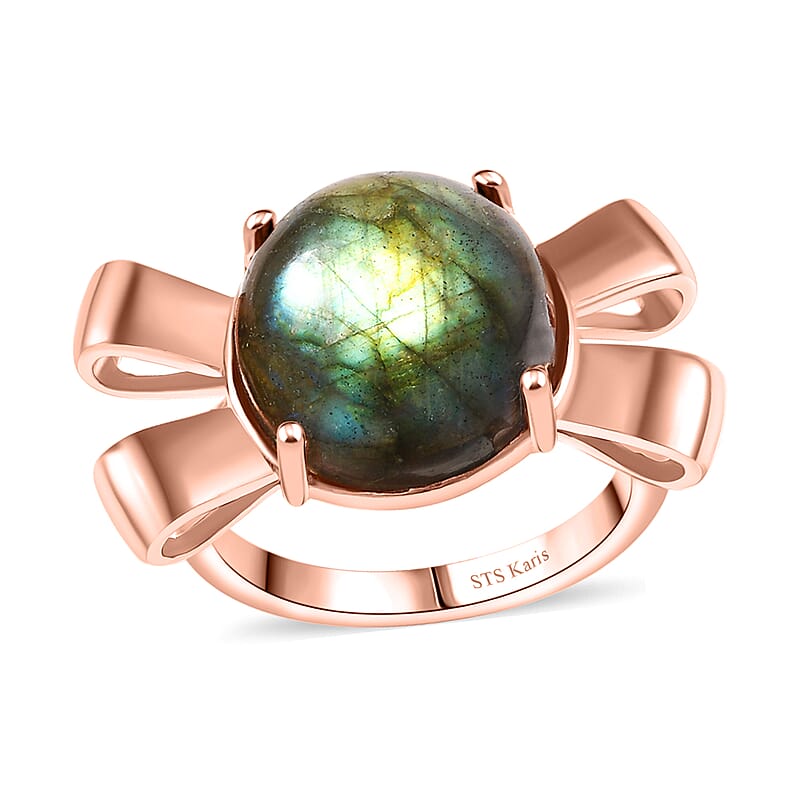 Karis Malagasy Labradorite 9.40 ctw Love Knot Ring in 18K RG Plated (Size  10.0)