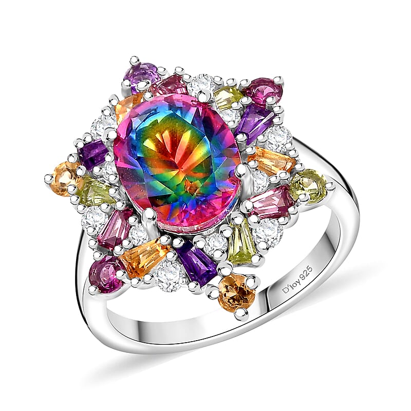Nebula Quartz Doublet and Multi Gemstone 3.85 ctw Star Ring in Rhodium Over Sterling Silver (Size 10.0)