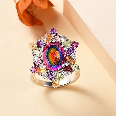 Nebula Quartz Doublet and Multi Gemstone 3.85 ctw Star Ring in Rhodium Over Sterling Silver (Size 10.0)