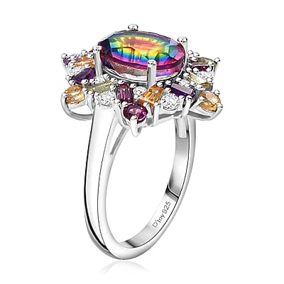 Nebula Quartz Doublet and Multi Gemstone 3.85 ctw Star Ring in Rhodium Over Sterling Silver (Size 10.0)