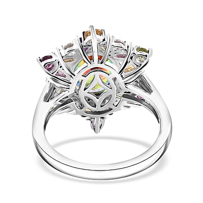 Nebula Quartz Doublet and Multi Gemstone 3.85 ctw Star Ring in Rhodium Over Sterling Silver (Size 10.0)