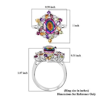 Nebula Quartz Doublet and Multi Gemstone 3.85 ctw Star Ring in Rhodium Over Sterling Silver (Size 10.0)