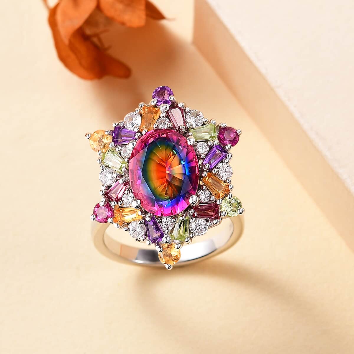 Nebula Quartz Doublet and Multi Gemstone 3.85 ctw Star Ring in Rhodium Over Sterling Silver (Size 5.0) image number 1