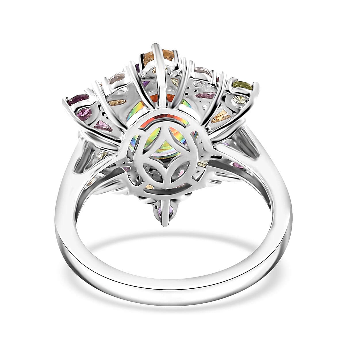 Nebula Quartz Doublet and Multi Gemstone 3.85 ctw Star Ring in Rhodium Over Sterling Silver (Size 7.0)