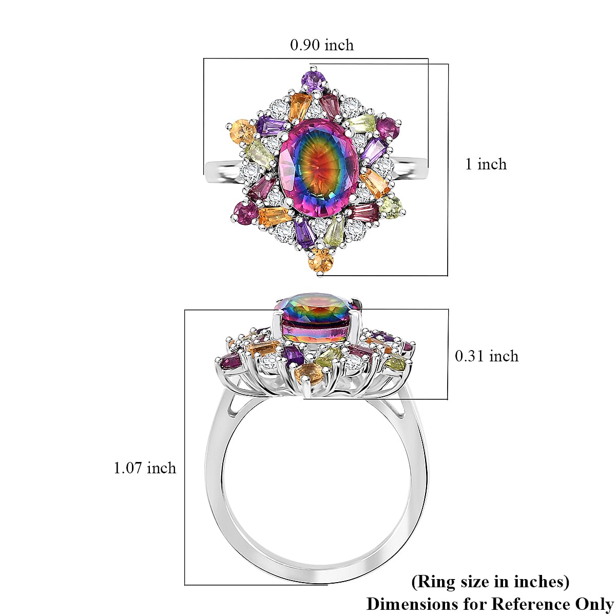 Nebula Quartz Doublet and Multi Gemstone 3.85 ctw Star Ring in Rhodium Over Sterling Silver (Size 7.0)