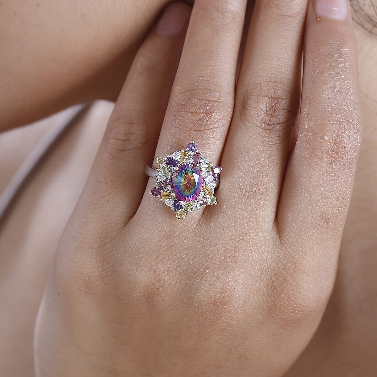 Nebula Quartz Doublet and Multi Gemstone 3.85 ctw Star Ring in Rhodium Over Sterling Silver (Size 9.0) image number 2