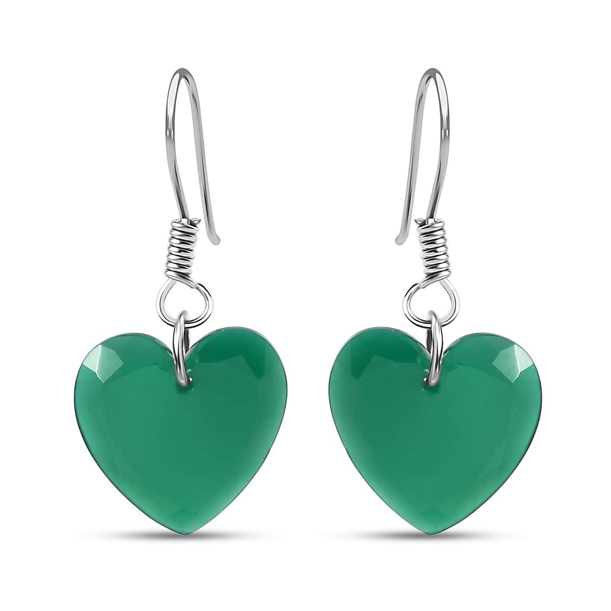 Green Onyx 11.25 ctw Fishhook Heart Earrings in Platinum Bond & Stainless Steel  image number 0