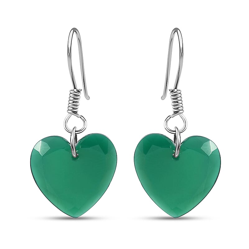 Karis Green Onyx 11.25 ctw Fishhook Heart Earrings in Platinum Bond & Stainless Steel 