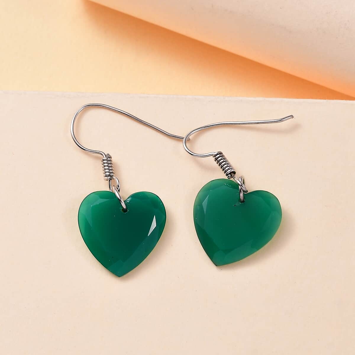 Green Onyx 11.25 ctw Fishhook Heart Earrings in Platinum Bond & Stainless Steel  image number 1