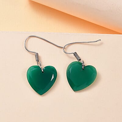 Karis Green Onyx 11.25 ctw Fishhook Heart Earrings in Platinum Bond & Stainless Steel 