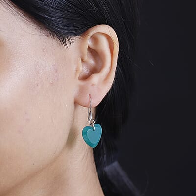 Karis Green Onyx 11.25 ctw Fishhook Heart Earrings in Platinum Bond & Stainless Steel 