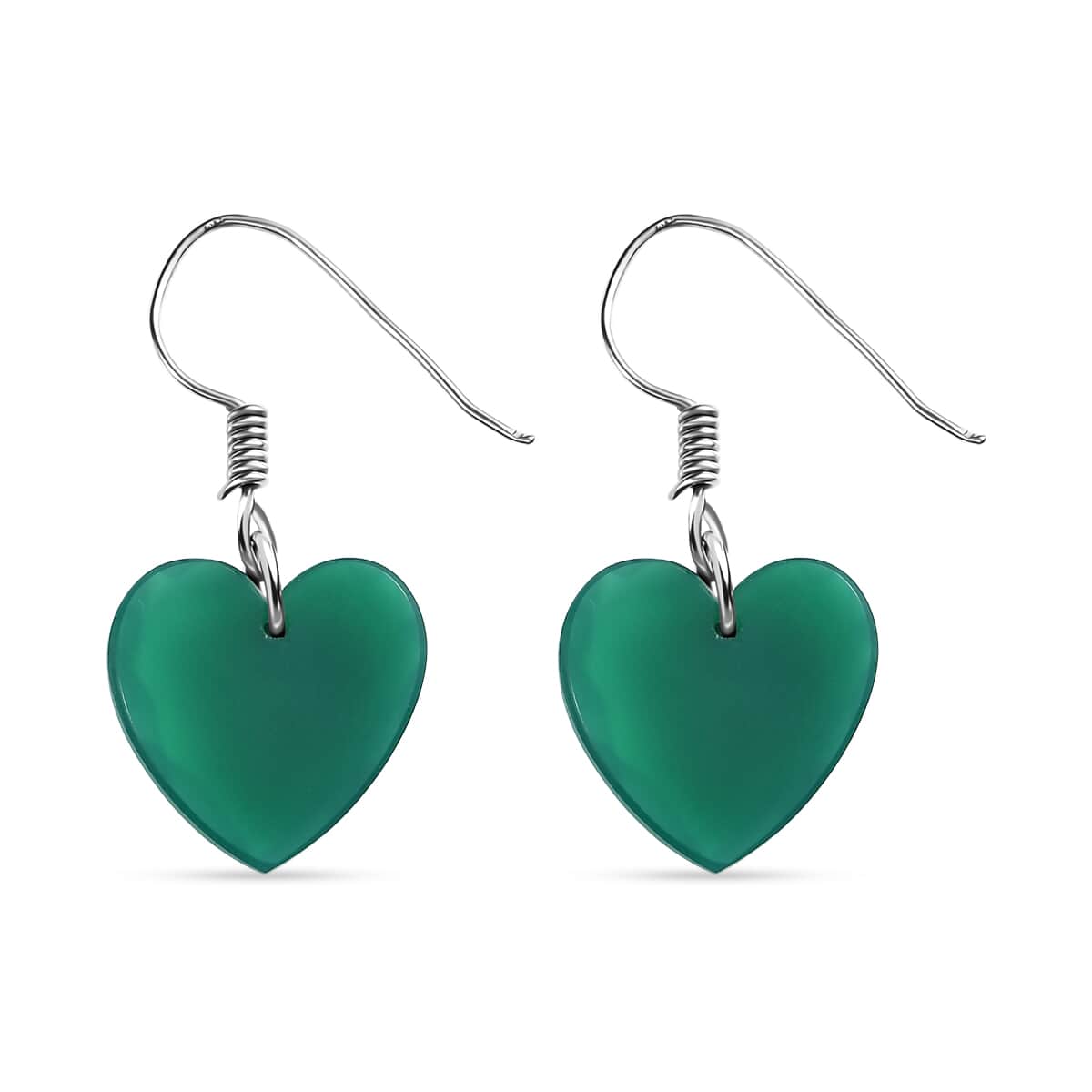 Green Onyx 11.25 ctw Fishhook Heart Earrings in Platinum Bond & Stainless Steel  image number 3