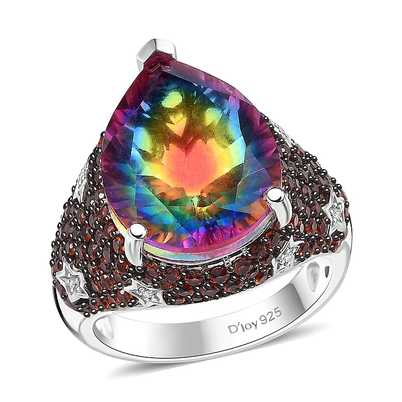 Nebula Quartz Doublet, Multi Gemstone Celestial Ring in Rhodium Over Sterling Silver (Size 10.0) 9.80 ctw