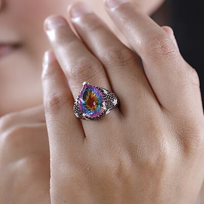 Nebula Quartz Doublet, Multi Gemstone Celestial Ring in Rhodium Over Sterling Silver (Size 10.0) 9.80 ctw
