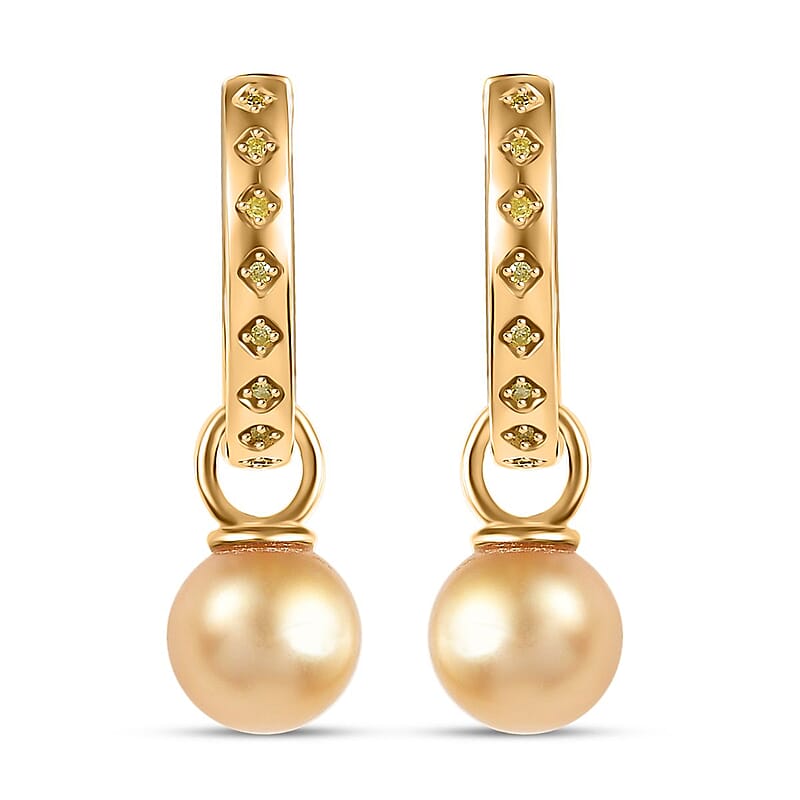 D'Joy South Sea Golden Cultured Pearl and Natural Yellow Diamond 0.10 ctw Hoop Dangle Earrings in 18K Vermeil Yellow Gold Over Sterling Silver