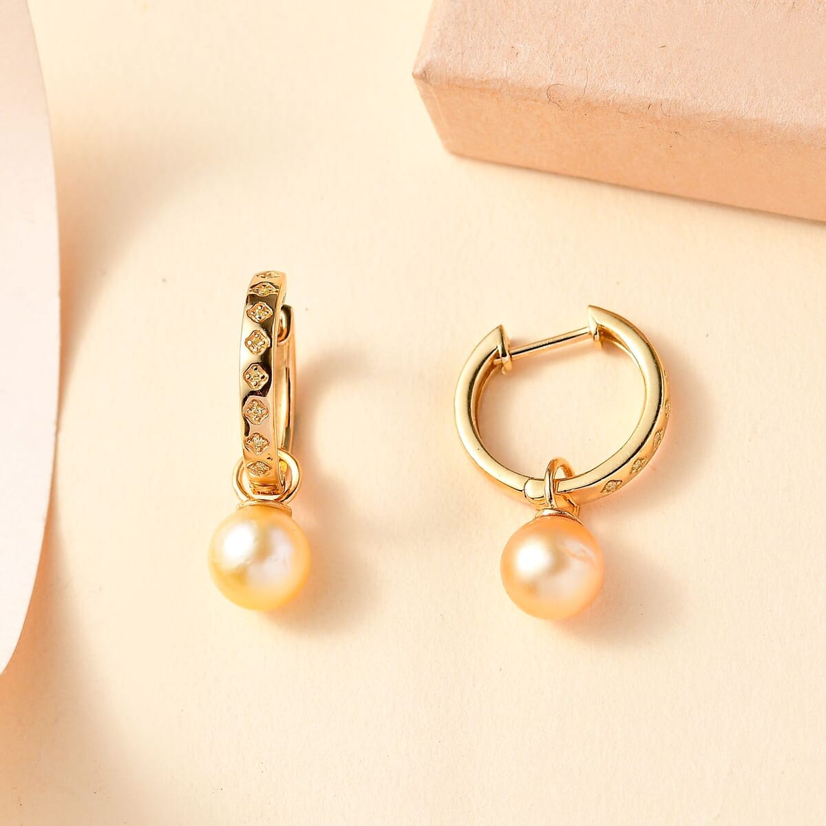 South Sea Golden Cultured Pearl and Natural Yellow Diamond 0.10 ctw Hoop Dangle Earrings in 18K Vermeil Yellow Gold Over Sterling Silver image number 1