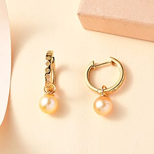 D'Joy South Sea Golden Cultured Pearl and Natural Yellow Diamond 0.10 ctw Hoop Dangle Earrings in 18K Vermeil Yellow Gold Over Sterling Silver