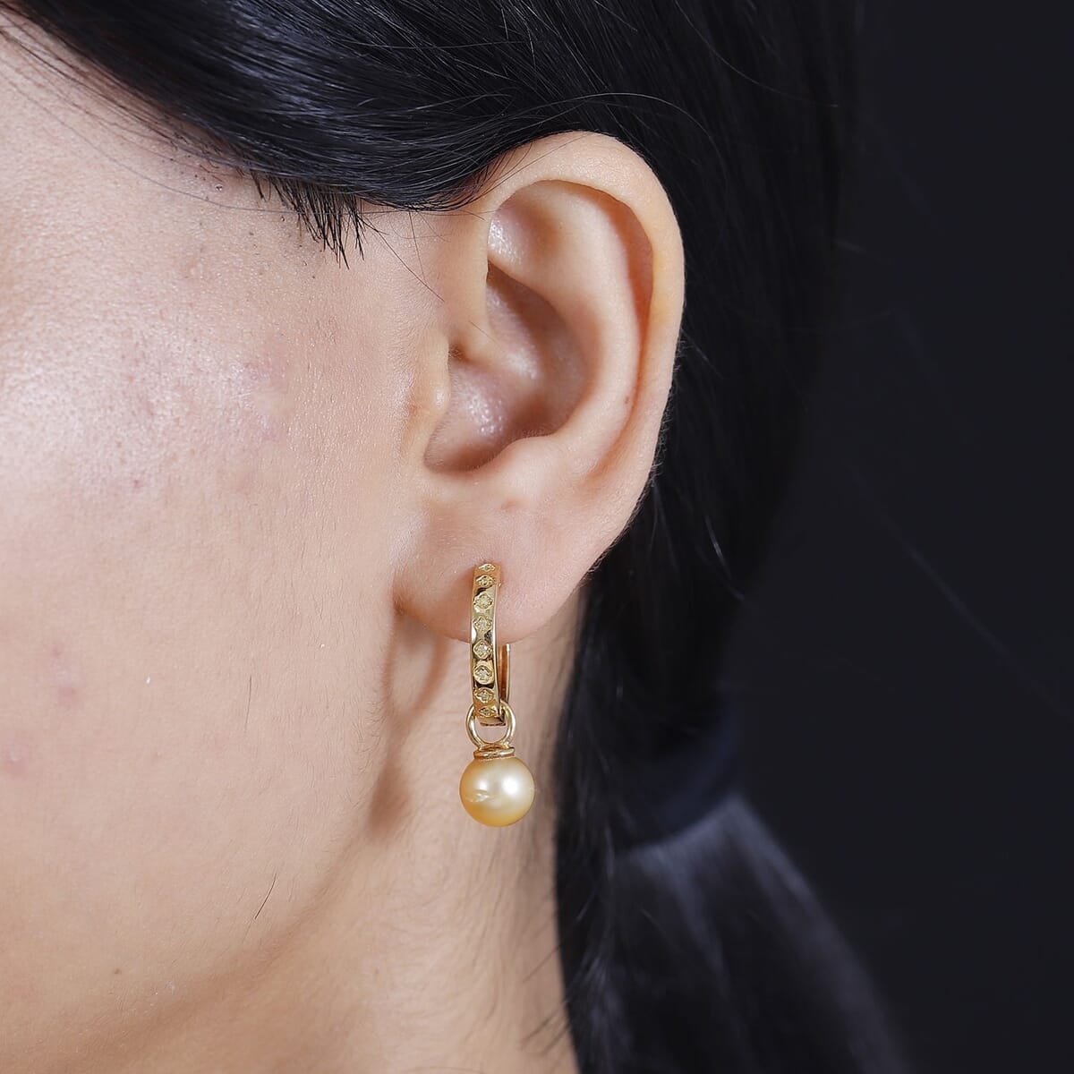 South Sea Golden Cultured Pearl and Natural Yellow Diamond 0.10 ctw Hoop Dangle Earrings in 18K Vermeil Yellow Gold Over Sterling Silver image number 2