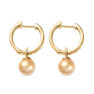 D'Joy South Sea Golden Cultured Pearl and Natural Yellow Diamond 0.10 ctw Hoop Dangle Earrings in 18K Vermeil Yellow Gold Over Sterling Silver