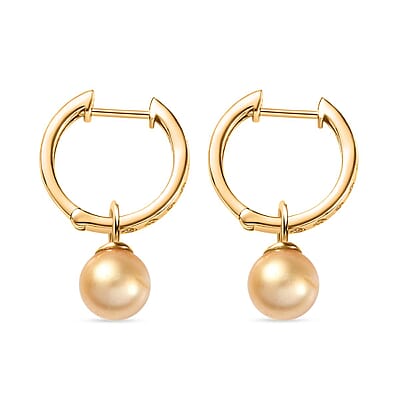 D'Joy South Sea Golden Cultured Pearl and Natural Yellow Diamond 0.10 ctw Hoop Dangle Earrings in 18K Vermeil Yellow Gold Over Sterling Silver