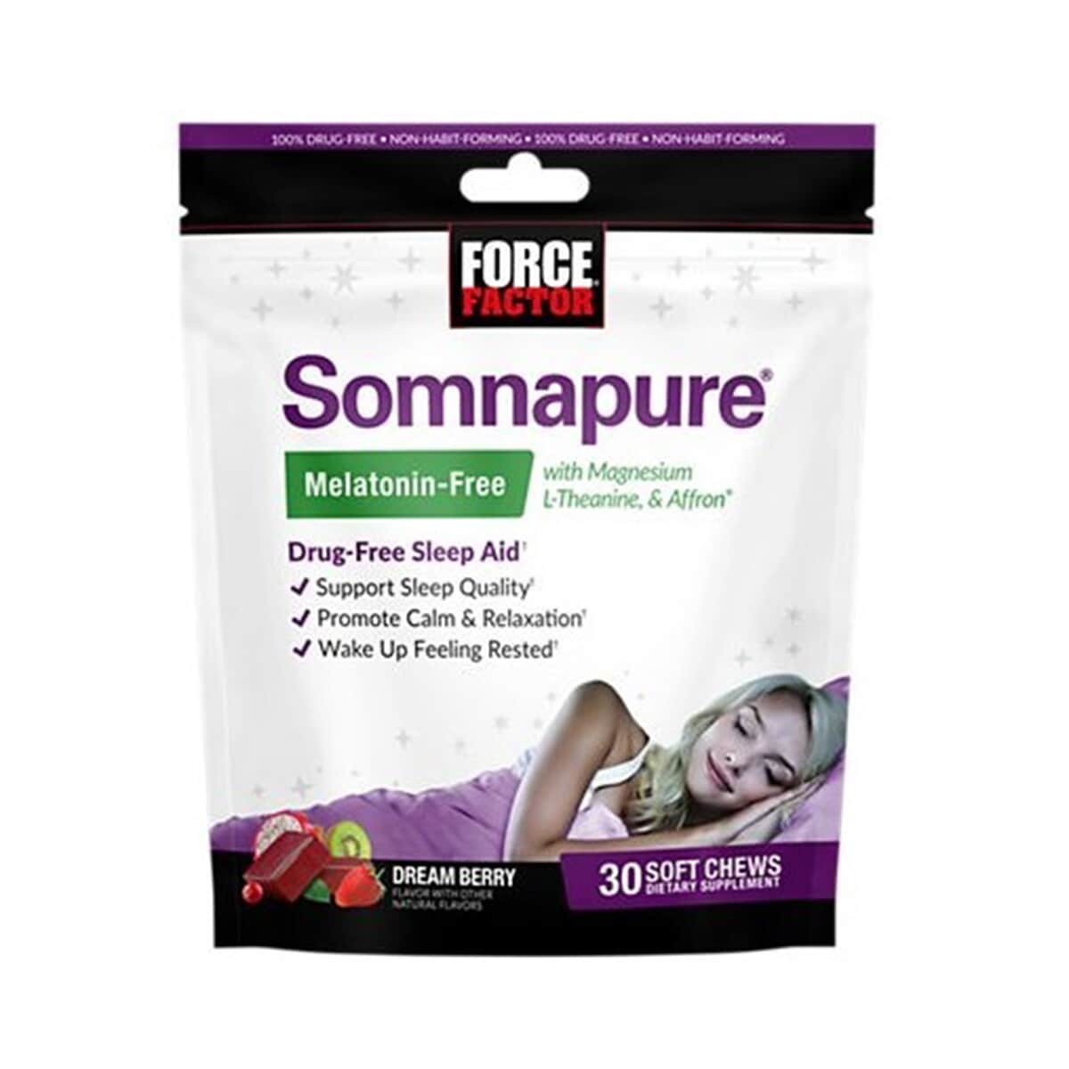 Force Factor Somnapure Sleep Aid - Melatonin Free - Lemon Chamomile Dream Berry 30ct Soft Chews Pouch - Purple/White image number 0