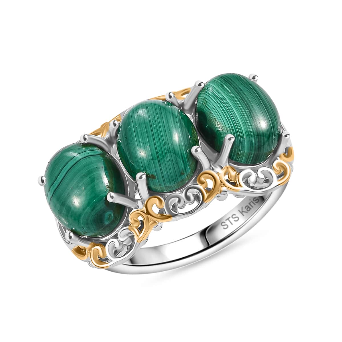 Karis African Malachite 13.80 ctw 3 Stone Ring in 18K YG Plated and Platinum Bond (Size 10.0) image number 0