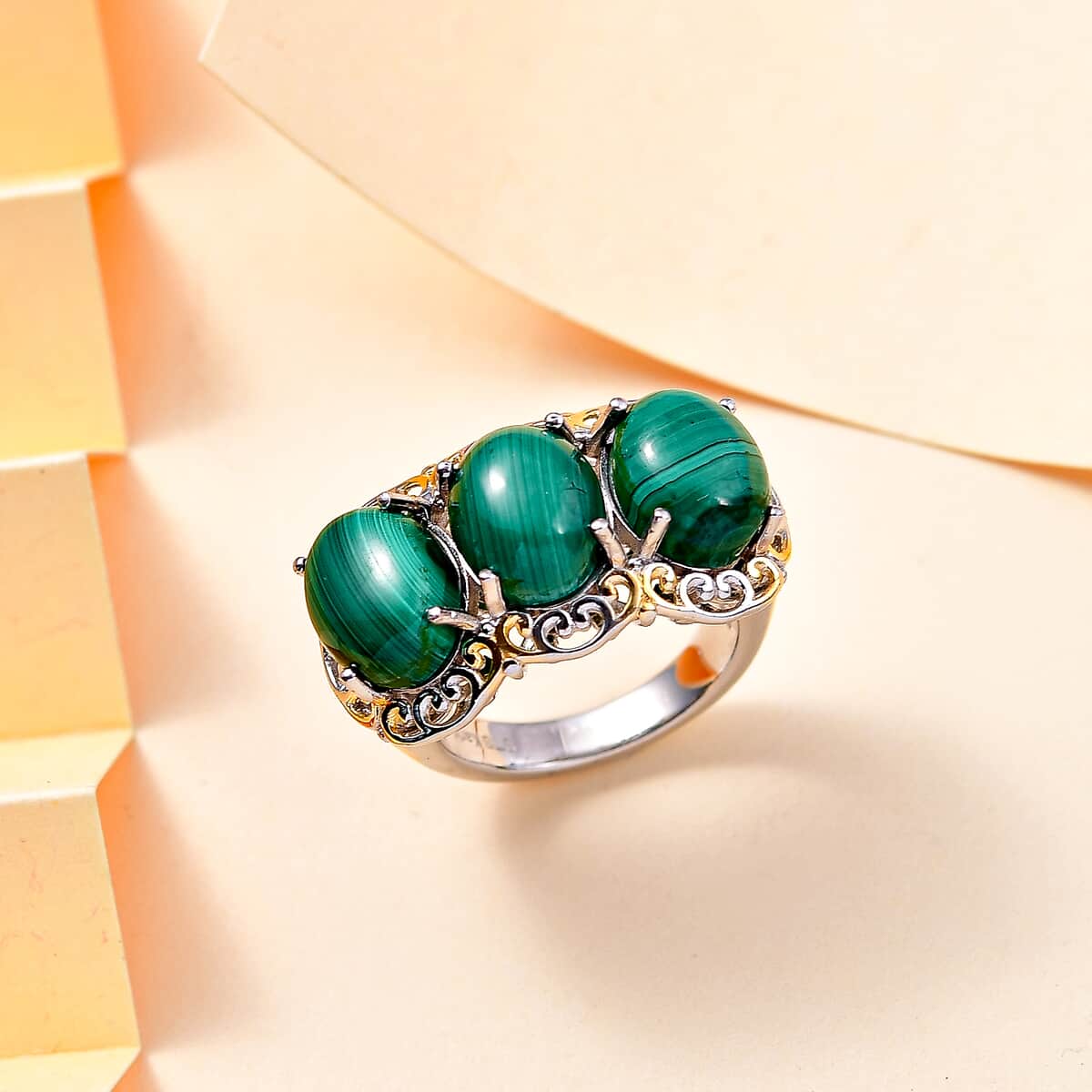 Karis African Malachite 13.80 ctw 3 Stone Ring in 18K YG Plated and Platinum Bond (Size 10.0) image number 1