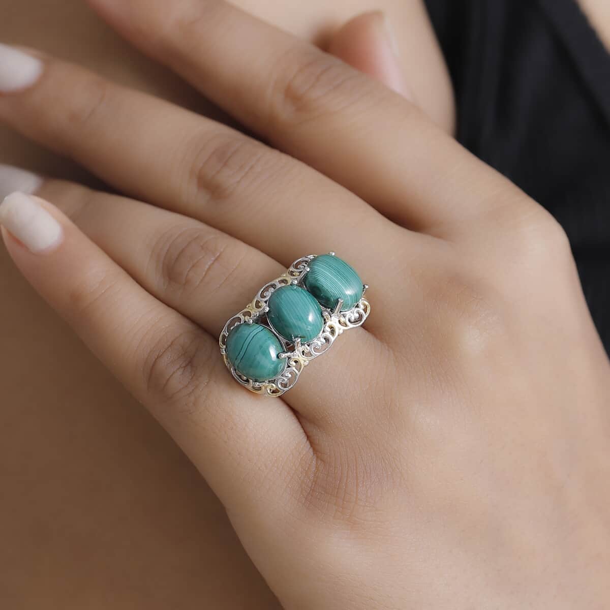 Karis African Malachite 13.80 ctw 3 Stone Ring in 18K YG Plated and Platinum Bond (Size 10.0) image number 2