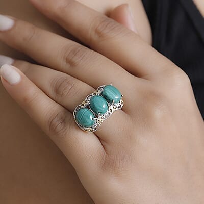 Karis African Malachite 13.80 ctw 3 Stone Ring in 18K YG Plated and Platinum Bond (Size 10.0)