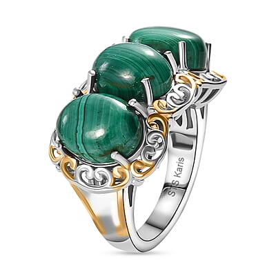 Karis African Malachite 13.80 ctw 3 Stone Ring in 18K YG Plated and Platinum Bond (Size 10.0)
