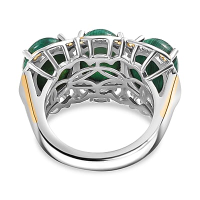 Karis African Malachite 13.80 ctw 3 Stone Ring in 18K YG Plated and Platinum Bond (Size 10.0)